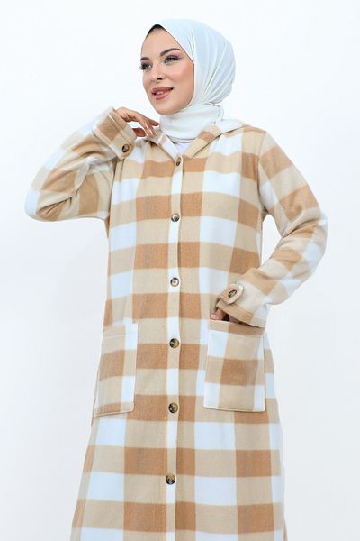 Tesettür Dünyası Karierter Fleecemantel mit Taschen TSD231101 Beige