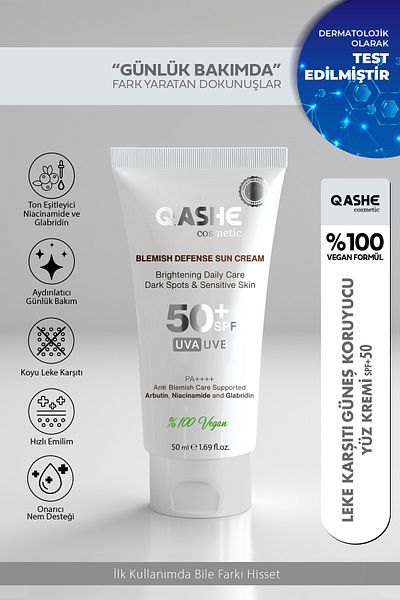 QASHE Cosmetic Anti-Blemish Facial Sunscreen Cream Spf 50 – Blemish Defense Arbutin & Niacinamide 50ml