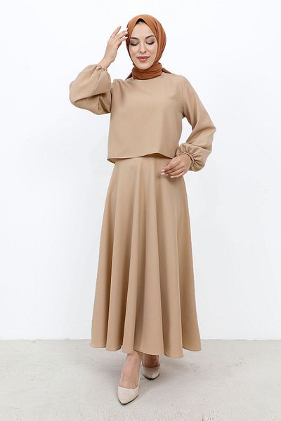 Tesettür Dünyası Rockanzug mit elastischen Ärmeln TSD231105 Beige