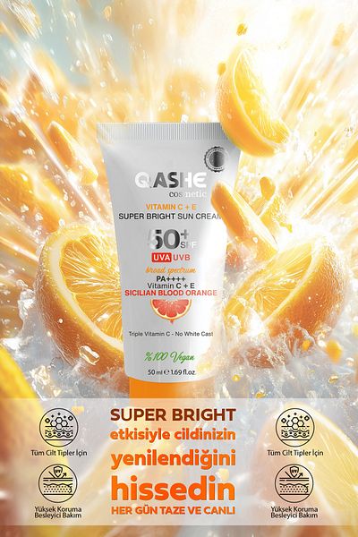 QASHE Cosmetic Vitamin C & E Facial Sunscreen Cream Spf 50 – Super Bright & Sicilian Blood Orange 50ml