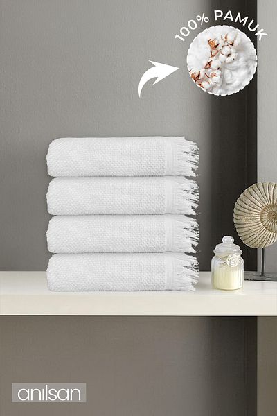 Anılsan Set of 4 White Jelena Hand Towels - 50X90 Cm, 225 Gr, 100% Cotton, Spa and Hotel Towels, Daily Use