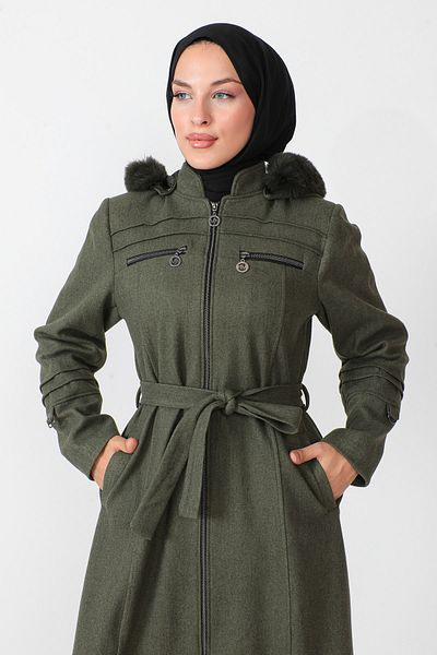 Tesettür Dünyası Langer Mantel mit Reißverschluss und Ziertaschen TSD230810 Khaki