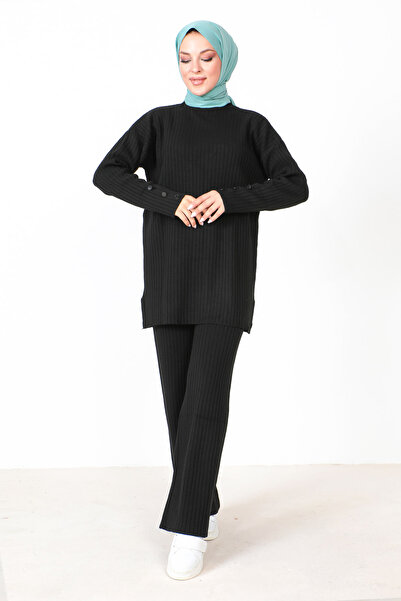 Tesettür Dünyası Buttoned Sleeve Knitwear Suit TSD230801 Black