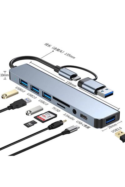 Choice موزع USB C 8 في 2، موزع USB 8 في 2، موسع USB مع 4 منافذ USB، منفذ USB واحد، قارئ بطاقة Tf/SD من Audi