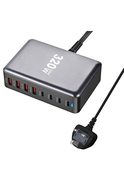 Choice شاحن GaN 320 واط من المملكة المتحدة، USB C، شاحن PD سريع 8 منافذ USB T...
