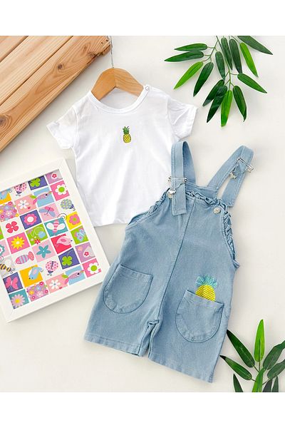 hümabebe Pineapple Detailed Bag Pocket Knitted Denim Fabric Summer Salopette Set