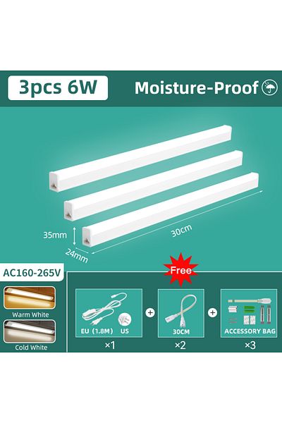 Choice 1.8m EU Plug Cold White 3pcs 6W I 30cm Moisture-Proof Led Tube Light 50/30cm Kitchen Lights 20W 10W