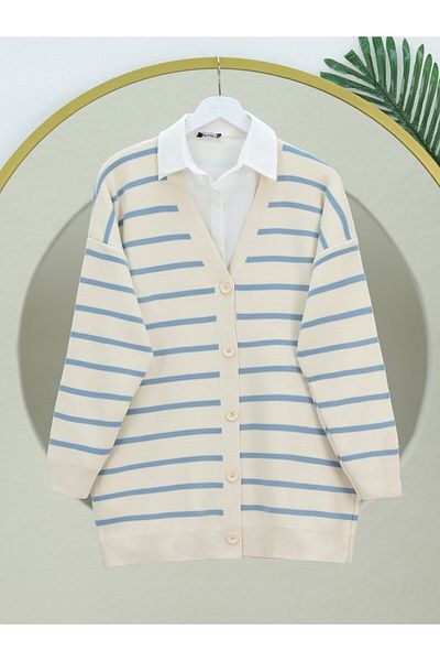 Modamorfo Striped Buttoned V-Neck Sweater Cardigan -Blue