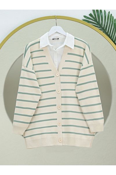 Modamorfo Striped Buttoned V-Neck Sweater Cardigan - Aqua Green