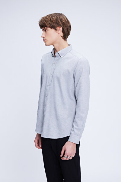 Hatemoğlu Сіра фланелева сорочка з довгими рукавами, облягаючого крою, з коміром на ґудзиках