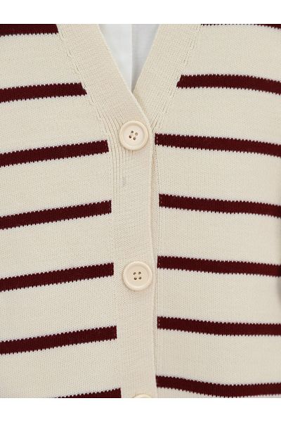 Modamorfo Beige Striped V-Neck Sweater Cardigan - Buttoned