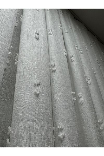 güzel teks. Linen Pompom Series - Cotton Embroidered Pompom Tulle Curtain on Linen Floor, Sik Pleat (1X3)