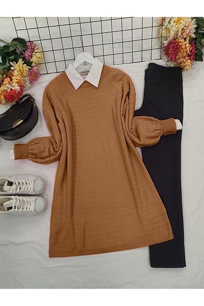 Modamorfo Balloon Sleeve Zigzag Patterned Knitwear Tunic -Tan