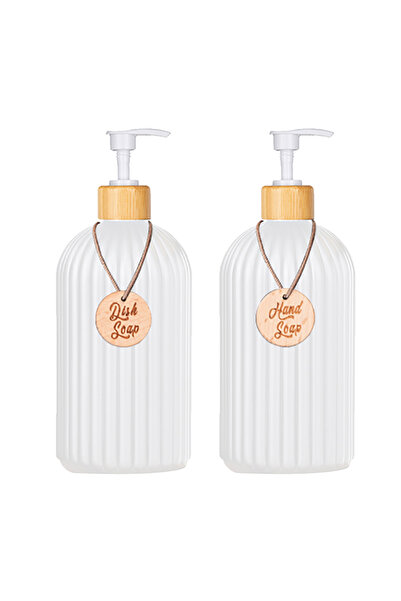 Choice 2 قطعة موزع صابون أبيض مع مضخة من الخيزران، شامبو وبلسم قابل لإعادة ال...