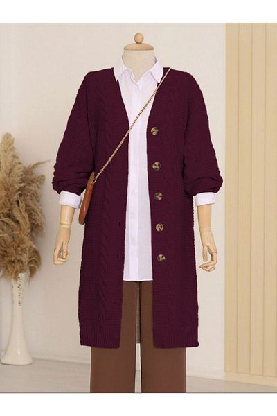 Modamorfo Burgundy Thick Knitwear Cardigan with Hair Knit Detail and Buttons