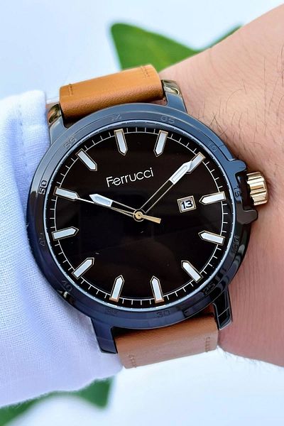 Ferrucci Leather Band Calendar Men's Wristwatch with Bracelet Gift