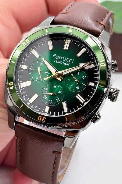 Ferrucci Funcion Men's Wristwatch Bracelet with Brown Leather Cord