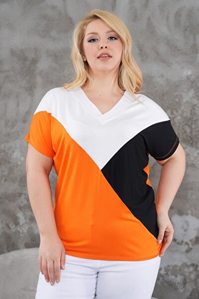 Siyezen Plus Size V-Neck Block Crossing Blouse