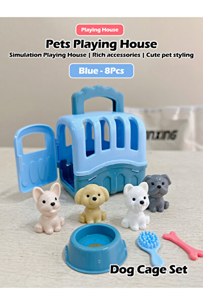 Choice مجموعة إكسسوارات الحيوانات الأليفة الصغيرة المكونة من 8 قطع من قفص الكلاب الأزرق، مجموعة ألعاب بيت اللعب للأطفال، حمام القطط والكلاب،