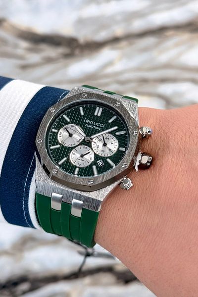 Ferrucci Green Silicone Cord Steel Case Function Men's Wristwatch Bracelet Zmfer077