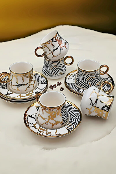 Yaren Style 6 Kişilik Porselen Kahve Fincan Takımı | Cift Desenli