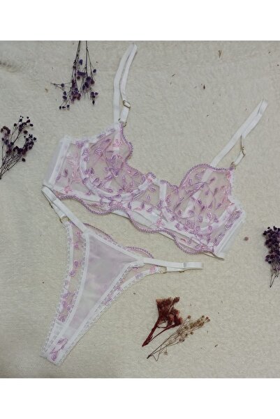 DiyMer Pembe Çiçekli Dantelli Transparan Kapsız Balenli Tül Sütyen Takımı