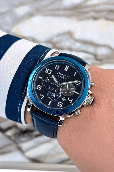 Ferrucci Navy Blue Leather Cord, Steel Case Function Number Men's Wristwatch Bracelet Zmfer079
