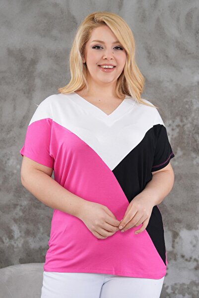 Siyezen Plus Size V-Neck Block Crossing Blouse