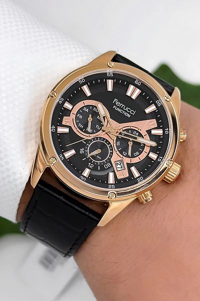 Ferrucci Function Leather Cord Men's Wristwatch 3 Atm- Black-Rose with Bracelet Gift Zmfer165