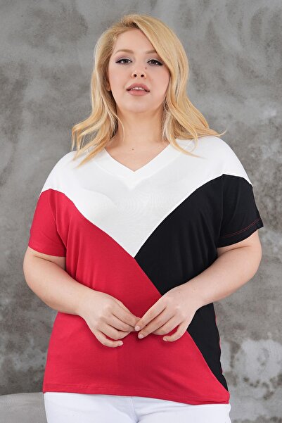 Siyezen Plus Size V-Neck Block Crossing Blouse