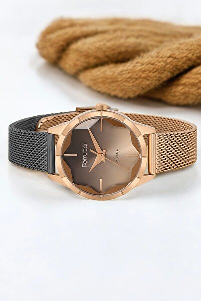 Ferrucci Steel Mesh Cord Steel Case Women's Wristwatch with 3 Atm Waterproof Rose-Black Zmfer170