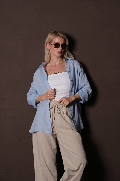 Maule Синя 100% лен, дишаща, не се поти, овална удобна кройка, лятна дамска б...