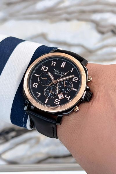 Ferrucci Black Leather Cord, Steel Case Function Number Men's Wristwatch Bracelet Zmfer079