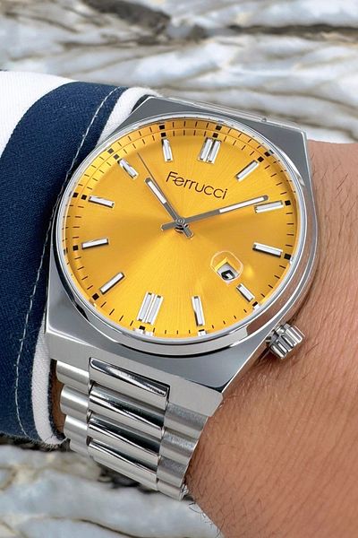 Ferrucci Silver Color Steel Strap & Case Mineral Glass Calendar Men's Wristwatch Zmfer093