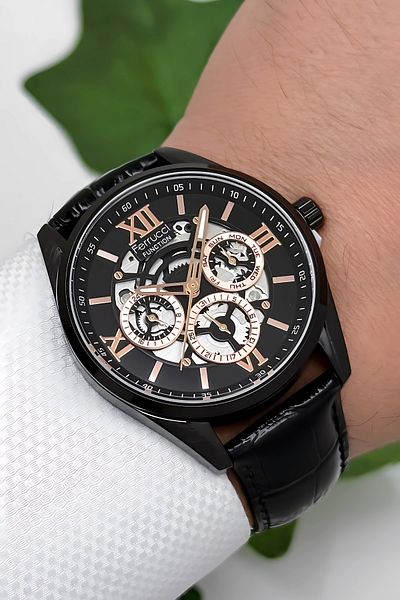 Ferrucci Leather Cord Men's Wristwatch 3 Atm - Black Rosa Zmfer166