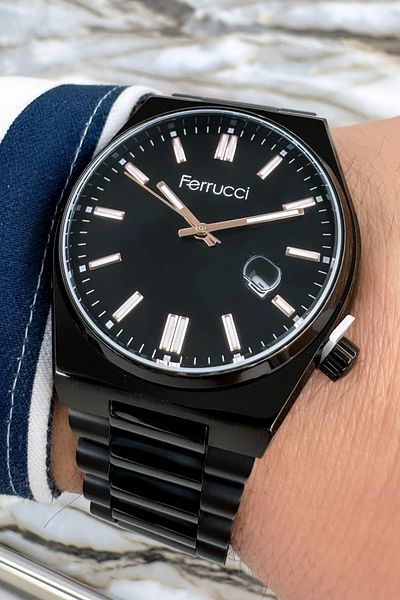 Ferrucci Black Color Steel Strap & Case Mineral Glass Calendar Men's Wristwatch Zmfer093