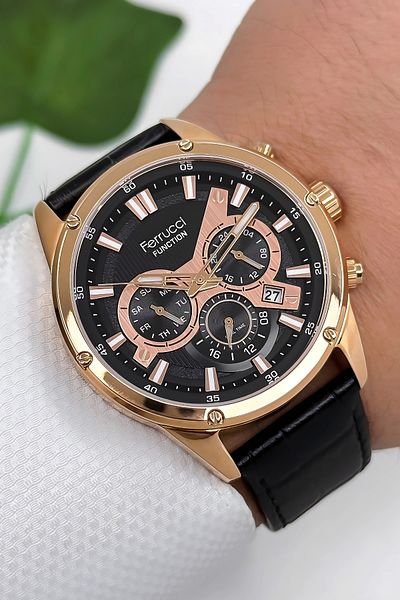 Ferrucci Function Leather Cord Men's Wristwatch 3 Atm- Black-Rose with Bracelet Gift Zmfer165