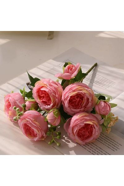 Choice Deep Pink 30cm Rose Pink Silk Bouquet Peony Artificial Flower 5 Big Head 4 Small Bud Bride Wedding H