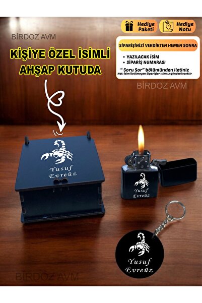 birdoz avm Kişiye Özel İsimli AKREP Tasarım Siyah Benzinli Çakmak Ve Anahtarl...