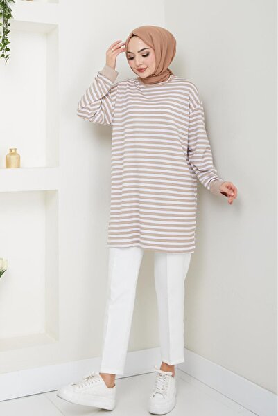 PALME D'OR Fashion Neva Thin Anti-Sweat Soft Combed Cotton Fabric Summer Hijab Striped Tunic