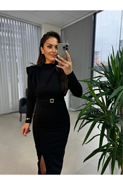 MY BELLA BUTİK Smeđa haljina u obliku olovke, model Square Sa kopčom