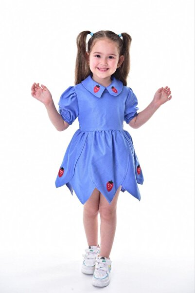 ELONKİDS Çilek Nakışlı Gabardin Elbise