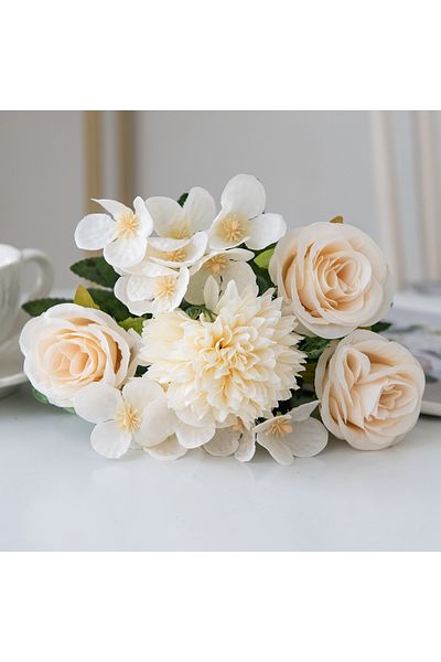 Choice Beige Artificial Flowers Retro Silk Rose Bouquet Hydrangea Peony Vintage Bride Holding Fake Plants H