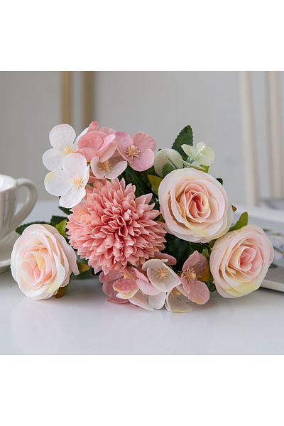 Choice Light Pink Artificial Flowers Retro Silk Rose Bouquet Hydrangea Peony Vintage Bride Holding Fake Pla