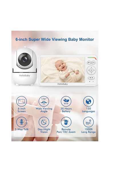 Hello Baby - شاشة IPS مقاس 6 بوصات - جهاز مراقبة فيديو محمول للأطفال
