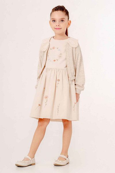 Minigimin Cicileri Cardigan Collar Detailed Floral Embroidered Girl's Dress Suit - Cream