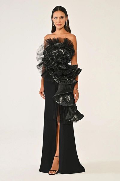 ALFABETA Strapless Pleated Accessory Crepe Long Dress