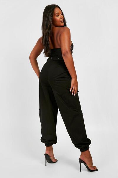 Şans Plus Size Black Women's Jogger Pants with Belt, High Waist, Elastic Leg, Cargo Pocket 65N38749