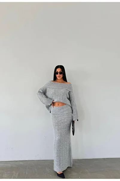 NZL TEKSTİL Madonna Collar Women's Knitting Long Skirt Suit