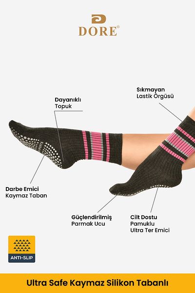 Dore Fuchsia Women's Pilates and Yoga Socks - 1 Pair Anti-Slip, Anti-Slip Sole Plates